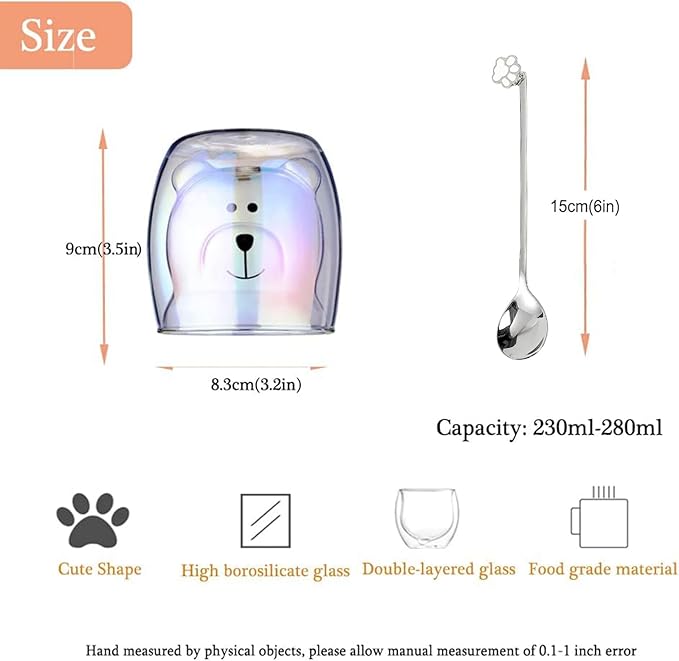 Binoster Cute Mugs Double Wall Glass Coffee Glass Cup Kawaii Bear Tea Milk Cup Funny Mug Animal Mug Aesthetic Cup for Office and Personal Birthday Gift (Iridescent Bear)
