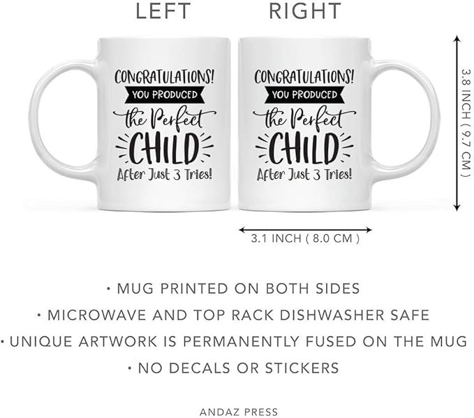 Andaz Press Mother's Day 11oz. Ceramic Coffee Tea Mug Gift for Mom, Congratulations! You Produced the Perfect Child After Just 3 Tries!, 1-Pack, Birthday Christmas Gift Ideas