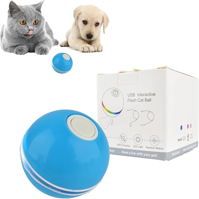 Automatic Active Rolling Ball for Cats, Self Moving Interactive Dog Toys for Boredom, Wicked Ball for Small Dogs/Cats with LED Lights, USB Rechargeable(Blue)
