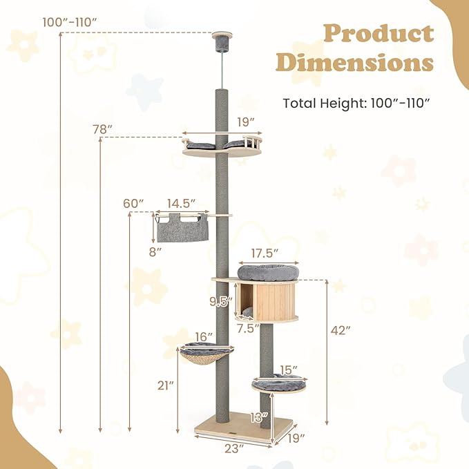 Tangkula Floor to Ceiling Cat Tree, 5 Tier Tall Cat Tower with Adjustable Height (100-110 Inch) for Large Cats, Wood Cat Climbing Pole with Cat Condo, Scratching Post, Cattail Basket Bed, Hammock