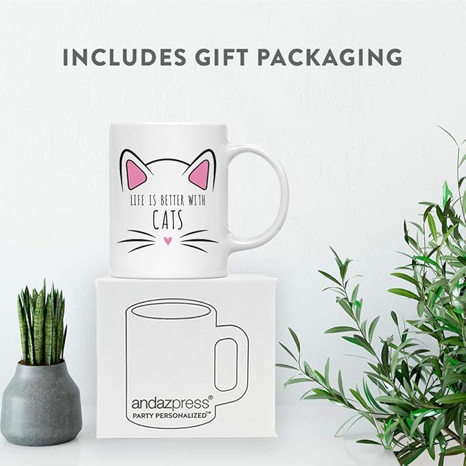 Andaz Press Funny Cat Lover 11oz. Ceramic Coffee Tea Mug, Life Is Better With Cats, 1-Pack, for Cat Mom, Birthday Christmas Ideas, Includes Box