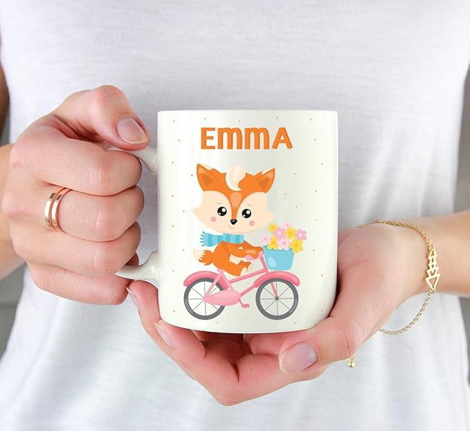 Andaz Press Personalized 11oz. Kids Milk Hot Chocolate Mug, Fox Pink Bicycle, 1-Pack, Custom Child’s Birthday Christmas Coffee Cup