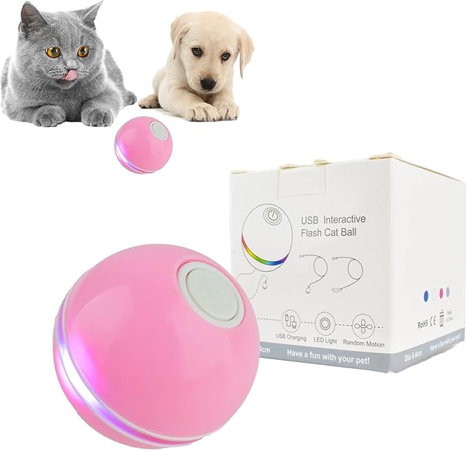 Automatic Active Rolling Ball for Cats, Self Moving Interactive Dog Toys for Boredom, Wicked Ball for Small Dogs/Cats with LED Lights, USB Rechargeable(Pink)