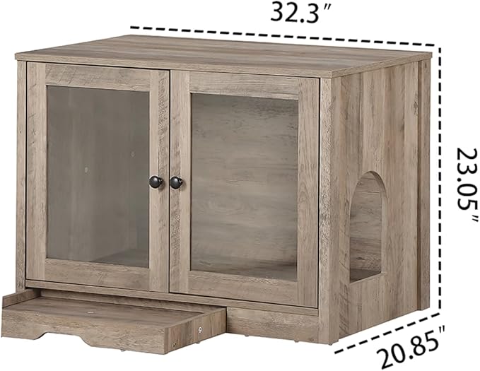 Cat Litter Box Enclosure with Convenient Litter Collector, Cat-Viewing Glass Doors, Wooden Cozy Pet House (Grey)