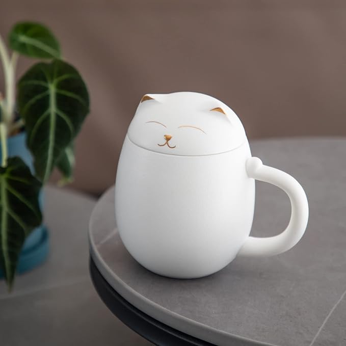 HEER Cat Tea Cup with Infuser and Lid - 13.5oz Ceramic Tea Mug - Cat Lover Gift for Friends Family. (White)