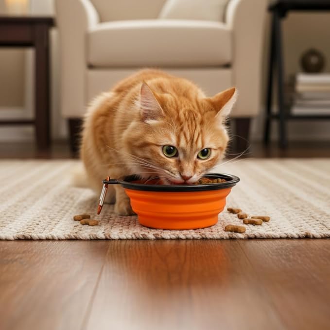 Collapsible Cat Bowl, Maze Design Pet Puzzle Feeder, 650ml Dog Slow Feeding Bowls, Dog Slow Feeding Bowl with Carabiner Portable BPA-Free Silicone Pet Bowls for Hiking, Travel, Camping - Color Orange