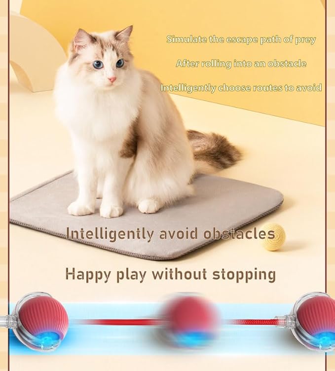 Silicone Cat Ball Toy - Smart Automatic Rolling Toy for Indoor Pets - Electric Cat Toy Ball with Tail with Motion-Activated, Fast Self-Rolling for Bored Cats & Dogs (Red)