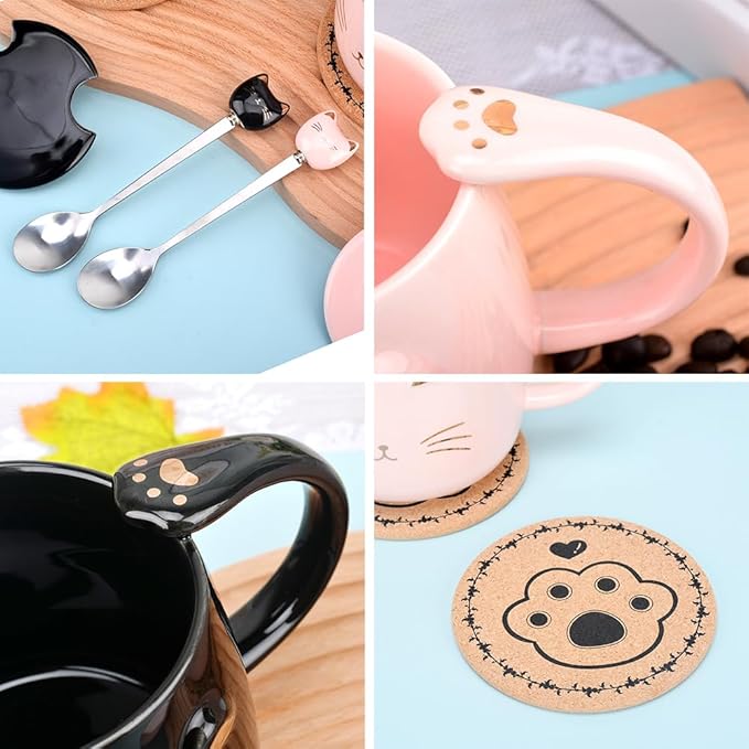 Pink Ceramic Coffee mug Cute Cat Handmade Tea Cups with Stainless Steel Spoon Kitty Cup Unique Hot chocolate Novelty mugs Christmas Birthday for Girls Women (Black)