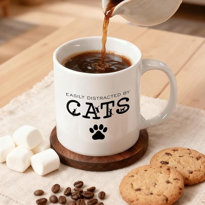 Easily Distracted By Cats Ceramic Coffee Mug, Black Cat Theme Mug For Coffee Lover, Funny Ceramic Drinking Cup For Kitten Lovers, Thank You Gifts For Friend Coworkers Family Pet Owners