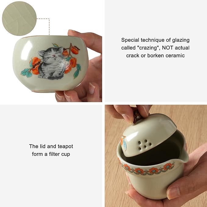 Mini Tea Cups,Cute Lucky Cat Cups,Small Tea Mugs,Porcelain Gongfu Tea set with 3 in 1,Tea Sets for Adults,Ceramic Tea Infuser Cup for Loose Leaf for Women/Tea Lovers/Birthday/Mother's Day (Green)