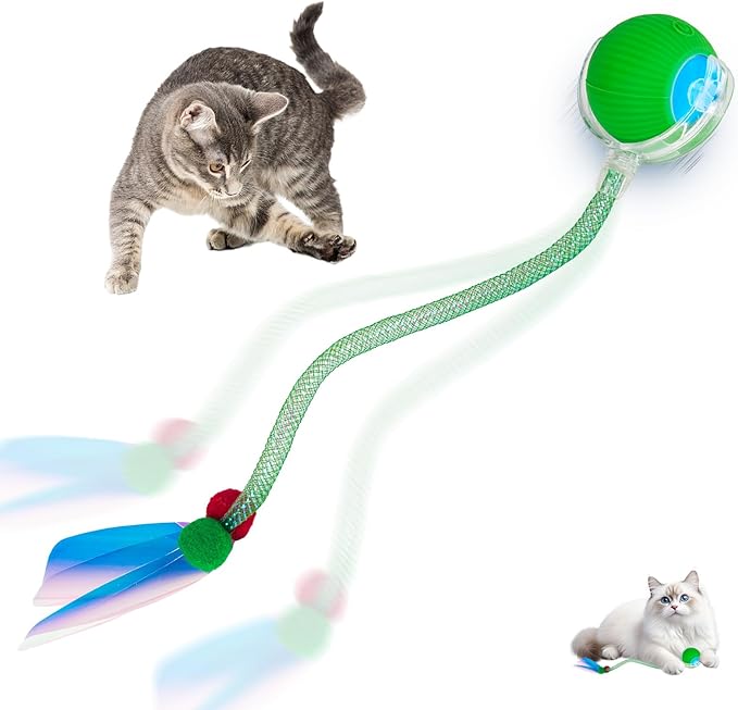 Interactive cat Toy cat Toys for Indoor Cats Agile Moving Cat Ball with Elastic Mesh Tail Automatic Kitten Toys Motion Activated Ball (Green)