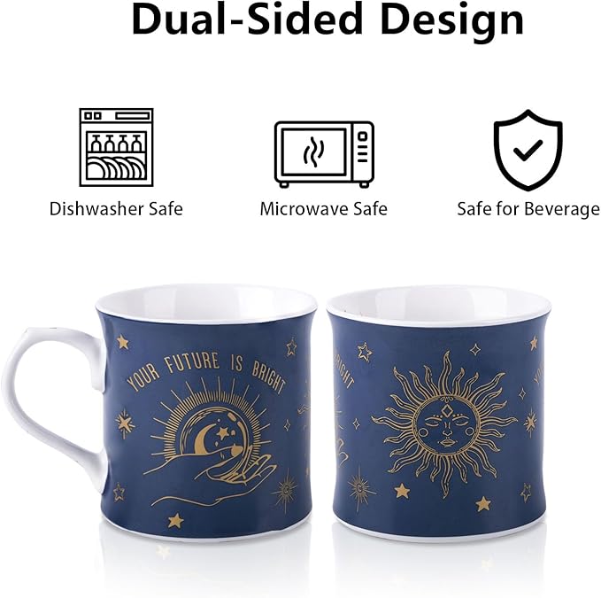 Blue Celestial Coffee Mug, "Your Future is Bright" Inspirational Theme Ceramic Mug, 12 oz New Bone China Mug with Tarot Symbols of Sun, Moon & Stars, Designed in England by Harvest Green Studio