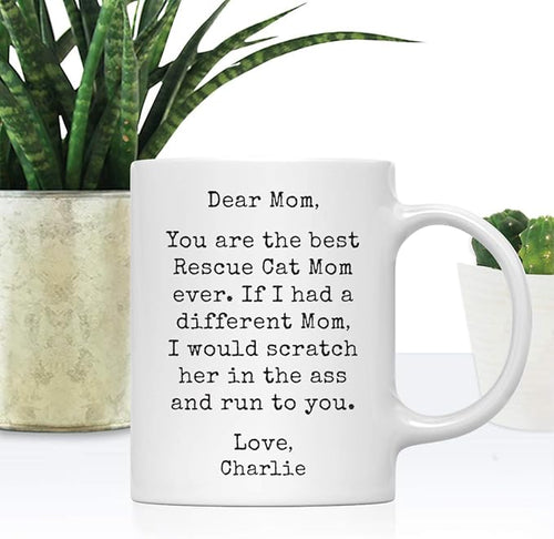 Andaz Press Personalized Funny Mom 11oz. Coffee Mug Gag Gift, Best Rescue Cat Mom, Scratch in Ass and Run to You, 1-Pack, Custom Cat Lover's Christmas Birthday Ideas, Includes Gift Box
