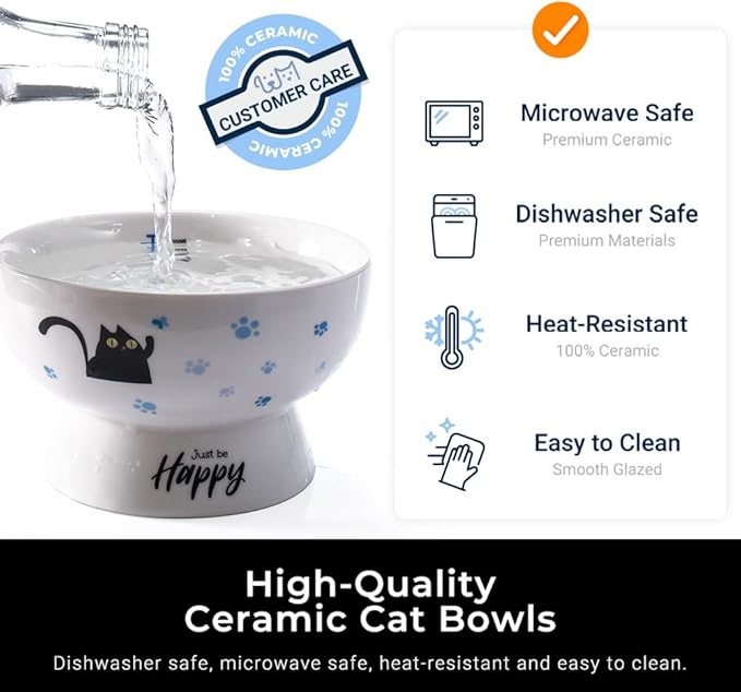 Porcelain Raised cat Bowl, 15-Ounce Raised Porcelain pet Bowl - Protects Your pet's Spine, Large-Capacity Non-Overflowing pet Bowl with Anti-Slip Strap, Dishwasher Safe (Blue)