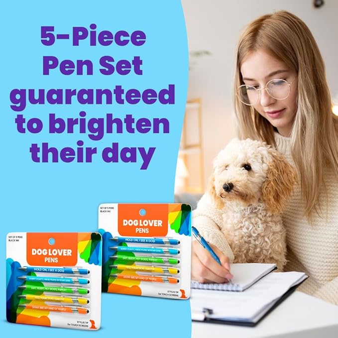 rubyloo Funny Dog Lover Gift Pen Set – 2 Pack of 5-Pen Sets with Black Ink & Metal Barrel with Doggy-Themed Quotes – Cool Dog Lover Gift for Women, Friends, Vet Tech, Pet Owner, Coworker