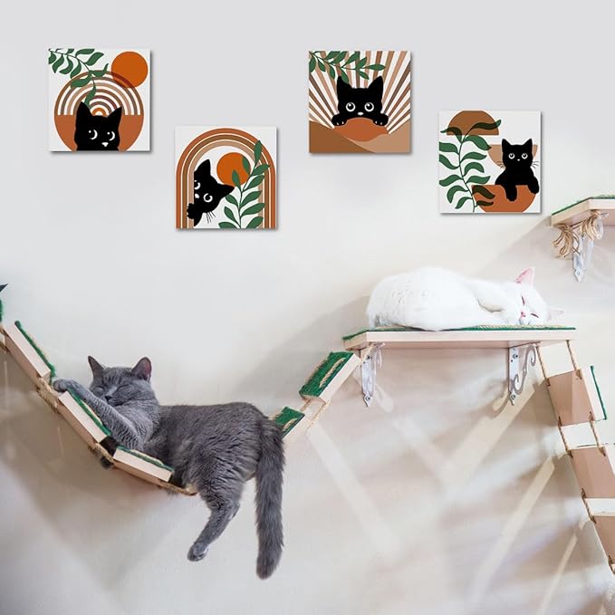 4 PCs Boho Cat Canvas Wall Art Framed Wall Decor, Botanical Wall Decor Bohemian Decor, Cat Lover Gifts, Cat Themed Gifts Art Prints Paintings, Cat Pictures Home Decor for Nursery Bedroom Farmhouse
