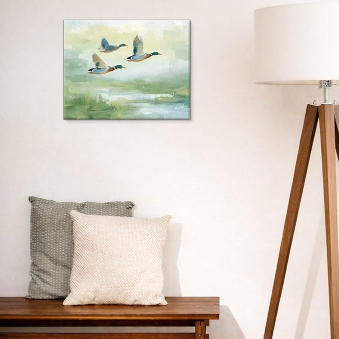 Vintage Mallard Duck Wall Art Decor Cottagecore Ducks Green Print Picture Rustic Wall Decor for Farmhouse Home Living Room 8x10 Inch Canvas Framed