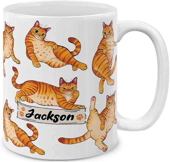 MUGBREW Personalized Coffee Mug with Your Name or Text, Customized Gifts For Christmas Birthday Anniversary, Ceramic 11 OZ Coffee Mug Tea Cup - Orange Tabby Cat Funny Playful Postures Pattern