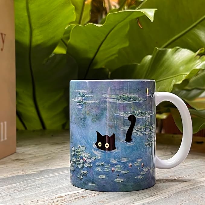Famous Art Paintings Funny Cat Coffee Mug for Artist Art Lover Teacher Cat Lovers, Famous Picture Classic Vincent Aesthetic Canvas Mug Birthday Gift for Women Man (Water Lilies)