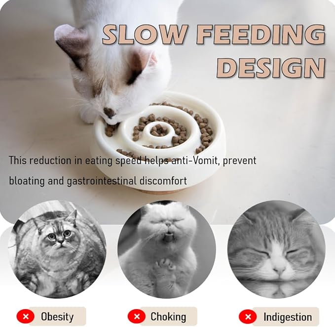 Ceramic Cat Slow Feeder, Raised Slow Feeder Cat Bowl, Anti Vomiting and Whisker Friendly Kitty Dish, Elevated Puppy Kitten Food Bowl for Dry and Wet Food (White)