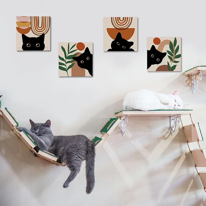 4 PCs Boho Cat Canvas Wall Art Framed Wall Decor, Botanical Wall Decor Bohemian Decor, Cat Lover Gifts, Cat Themed Gifts Art Prints Paintings, Cat Pictures Home Decor for Kitchen Bedroom Farmhouse