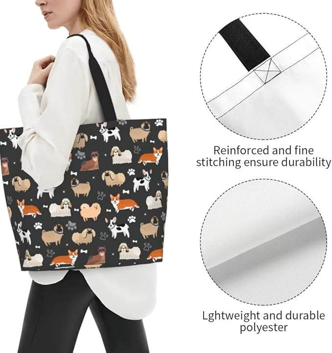 Funny Dog Theme Tote Bag for Women, Cute Paw Bone Print Shoulder Reusable Beach Shopping Handbags Casual Travel Gifts for Dog Lovers Mother Teacher -Large