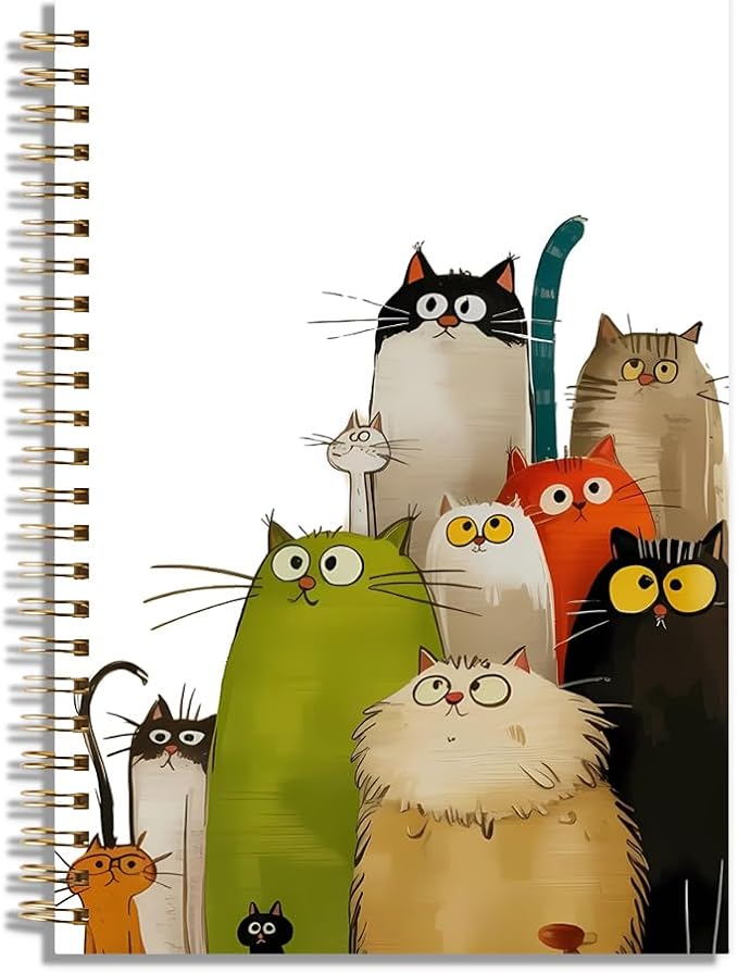 LONGXIN Whimsical Cartoon Cat Notebook Journal Cat Lover Gifts for Women Girls Cute Hardcover Spiral Notebook 5.8x8.3