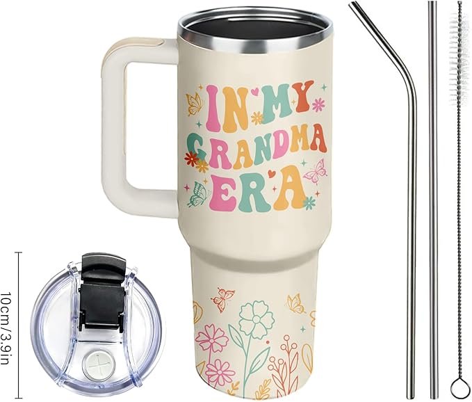 In My Grandma Era Tumbler 40oz - Insulated Stainless Steel Cup with Handle & Straw - Funny Gift for New Grandma, First Time Grandmas, Cool Grammy - Christmas, Birthday Gift for Her
