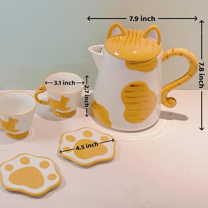 Ceramic Cat Tea Set,Cute Cat Paw Tea Mugs And Saucers Set Of 4,Perfect Cat Themed Gifts,Lovely Cat Decor,Tea Sets for Adults,Excellent Gift Idea For Cat Lovers (Black, 4)
