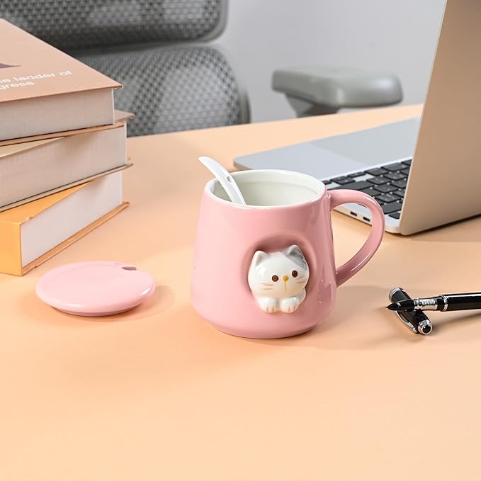 FrutPunch Ceramic Cute Coffee Mug, 12.8 oz Funny Coffee Mug with Lid and Spoon, Fun Gift for Women, Girls, Kids, Cat Lovers, Mothers Day