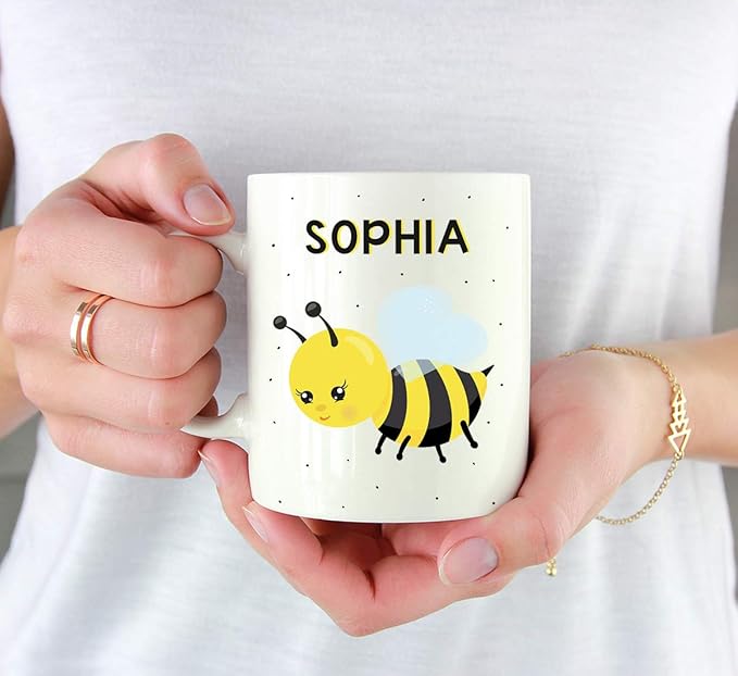 Andaz Press Personalized 11oz. Kids Milk Hot Chocolate Mug, Busy Bee Posture 3, 1-Pack, Custom Child’s Birthday Christmas Coffee Cup