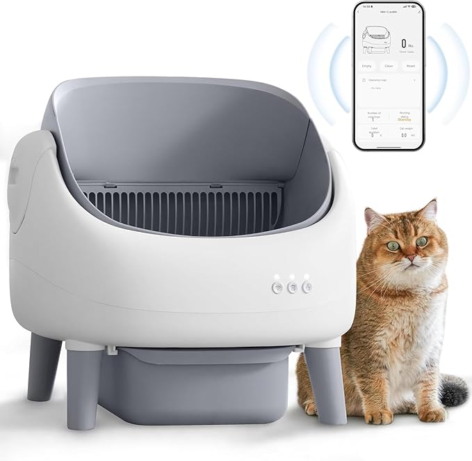 Self Cleaning Automatic Litter Box with APP Control, Large Waste Bin, Open Top Design, Multiple Cat Compatible, Includes Trash Bags White/Gray