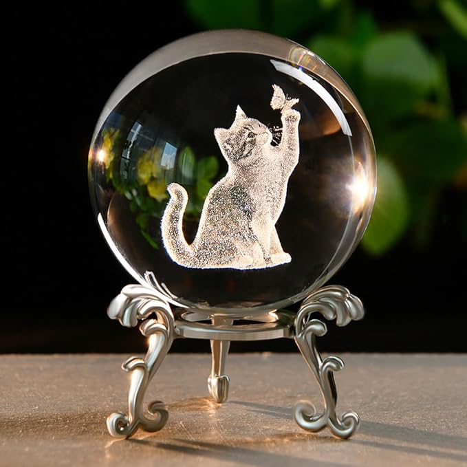 Cat Gifts for Women 3D Crystal Ball 60mm Cat Lover Themed Gift with Stand Gifts for Women Mothers Day Christmas Birthday