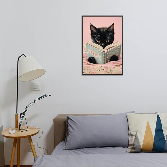 Vintage Cat Canvas Wall Art Funny Cute Cats Reading Books Poster Retro Pink Flower Abstract Animal Aesthetic Prints Painting For Girls Room Bedroom Kids Room Dorm Wall Decor 24x36in Framed