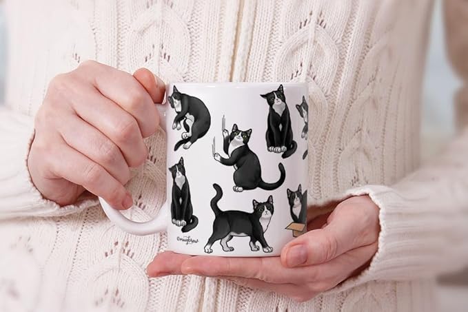 MUGBREW Black White Tuxedo Cat Playful Postures Ceramic Coffee Mug Tea Cup, 11 OZ