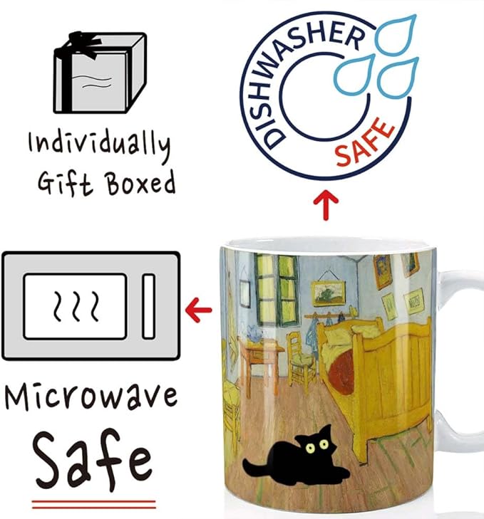 Famous Art Paintings Funny Cat Coffee Mug for Artist Art Lover Teacher Cat Lovers, Famous Picture Classic Vincent Aesthetic Canvas Mug Birthday Gift for Women Man (Bedroom in Arles)
