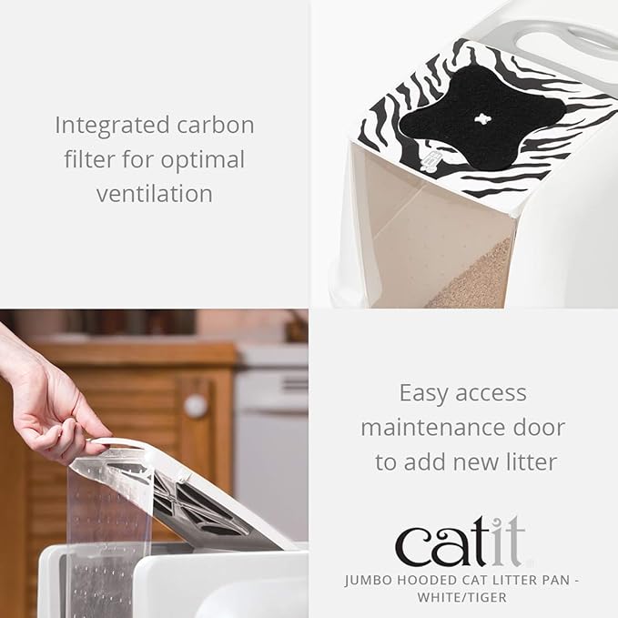 Catit Jumbo Hooded Cat Litter Box, White Tiger, 50696,White-Black