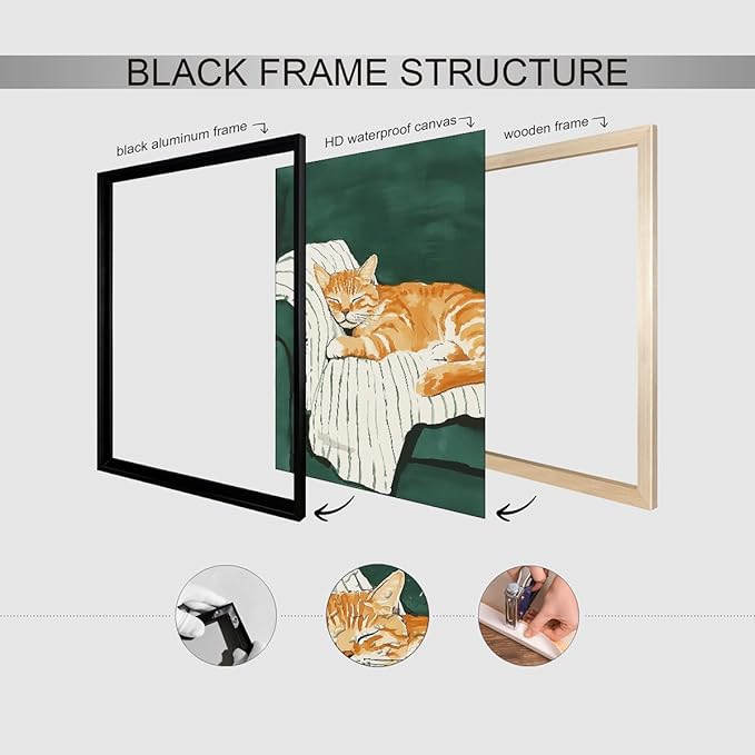 Sleeping Orange Cat poster Green Aesthetic Wall Art Preppy Funky Cute Animal Canvas Painting Gift For Cat Lover 16x24 inch Black Framed for Cozy Room Wall Decor