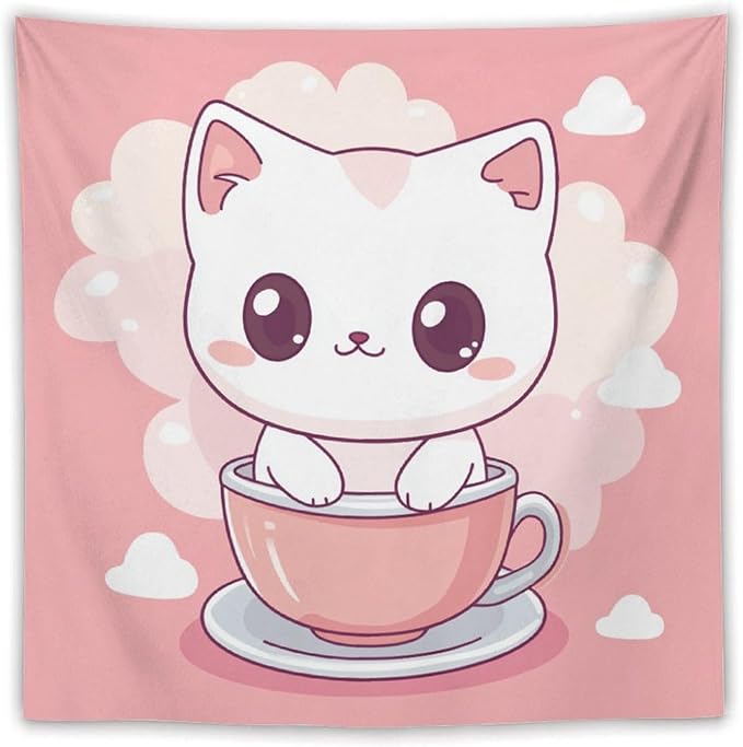 MaSiledy Tapestry Kawaii Cat Tapestries for Bedroom Pink Smile Kitten Cat Face Meow Wall Tapestries for Bedroom Colorful Wall Hanging Aesthetic Wall Art For Room Decor Landscape 60"x60"