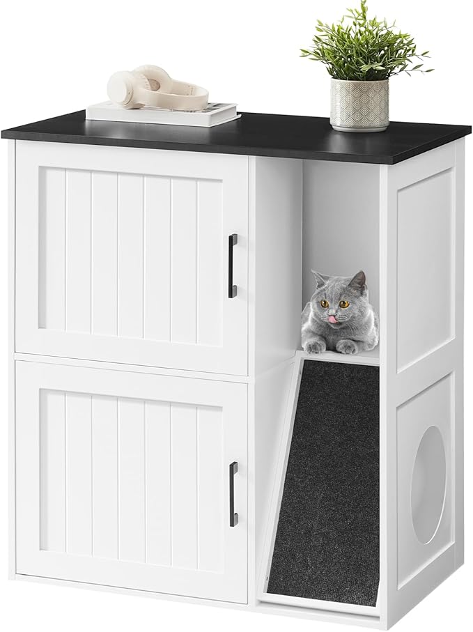 Litter Box Enclosure for 2 Cats, Hidden Litter Box Furniture with Scratch Pad, Double Litter Boxes Enclosure, Wooden Cat Washroom, Indoor Cat House End Table, White and Black CWBB3201