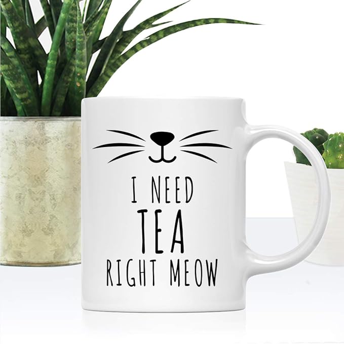 Andaz Press Funny Cat Lover 11oz. Ceramic Coffee Tea Mug, I Need Tea Right Meow, 1-Pack, for Cat Mom, Birthday Christmas Ideas, Includes Box