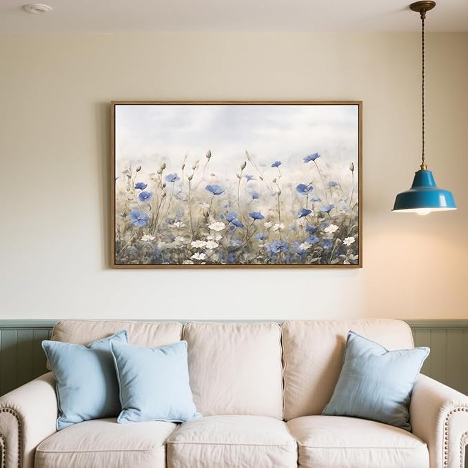 Vintage Floral Wall Art Blue White Flower Canvas Art Prints Wildflower Pictures Wall Decor Nature Landscape Oil Painting Framed Botanical Artwork for Girls Room Bedroom Farmhouse Decoration, 24''x36''