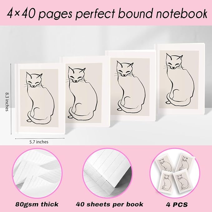 Cat Notebooks for Work, 4 Pcs A5(8.26x5.7inch) College Ruled Notebook Journal for Women, Cute Notepads Lined Journals for Writing, Cute Diary Stationary Cat Lover Gifts 20