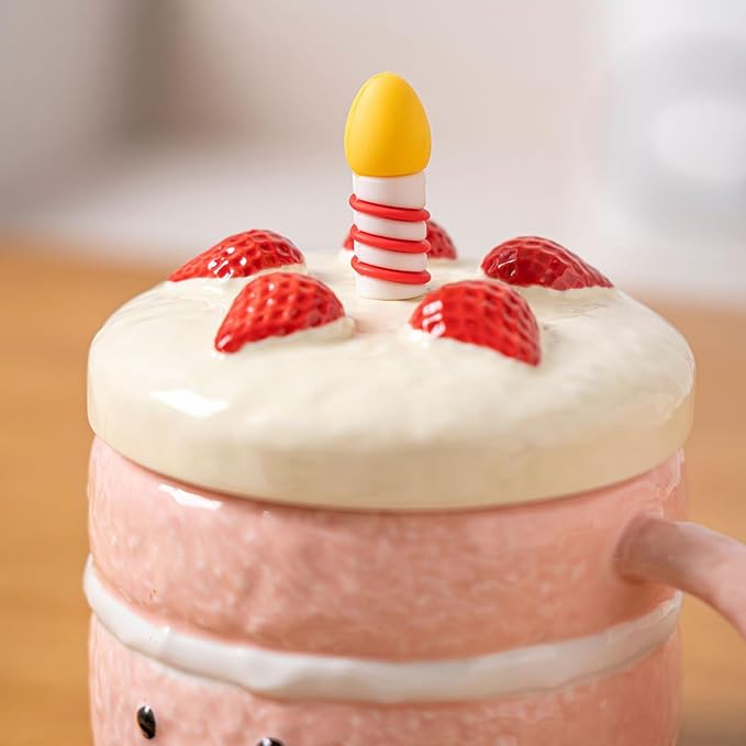 Adorable Cake Ceramic Coffee Mug, 400ml Cute funny Mug For Women, Cake Shaped Aesthetic Mugs Tea Cup with Lid Spoon for Birthday Valentines Day Home Office School