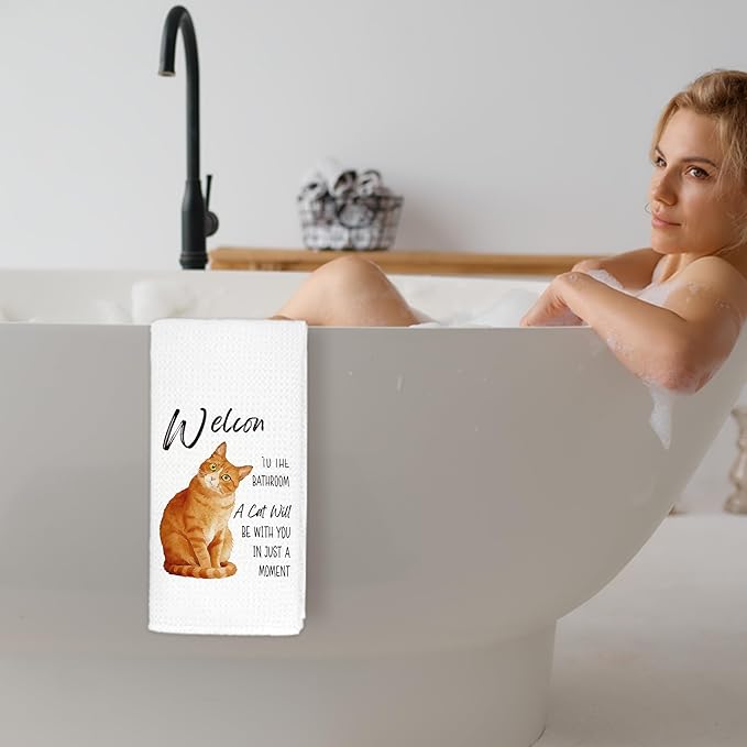 Funny Orange Tabby Cat Bathroom Hand Towels, Cat Lovers Mom Dad Lady Gifts, Welcome to The Bathroom Orange Kitten Decorative Hand Towels for Washroom Restroom, 16x24 Inch