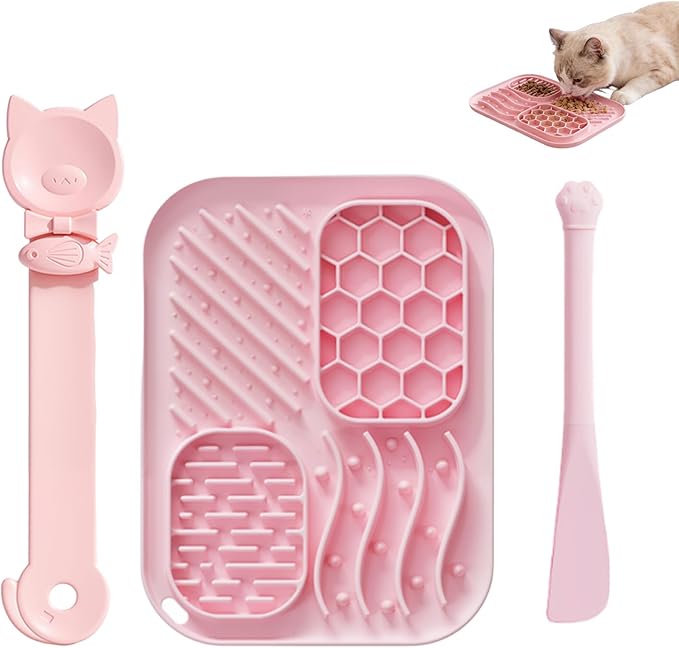 AZY 3-Piece Slow Feeder cat Bowl and Lick Mat Set – Silicone Cat Treat Spoon, Feeding Mat for Wet Food, Enrichment and Slow Eating