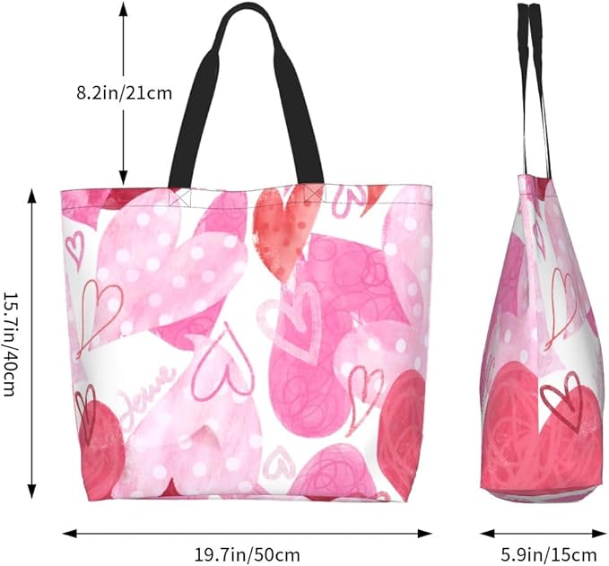 Pink Tote Bags for Women, Cute Pink Heart Print Purse, Reusable Shopping Handbags, Casual Travel Work Daily Waterproof Summer Grocery Shoulder Bag Holiday Gifts -Large