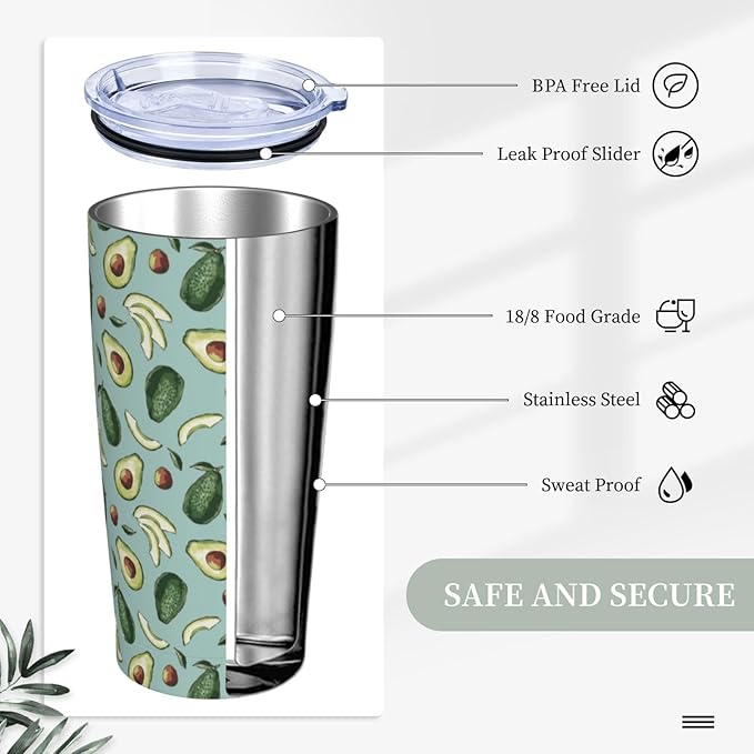Avocado Tumbler 20oz Fruit Stainless Steel Insulated Tumblers with Lid and Straw Fruits Travel Coffee Mug Tea Wine Cups Water Bottle Avocado Gifts for WomenAvocado Lover