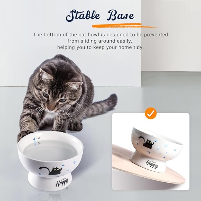 Porcelain Raised cat Bowl, 15-Ounce Raised Porcelain pet Bowl - Protects Your pet's Spine, Large-Capacity Non-Overflowing pet Bowl with Anti-Slip Strap, Dishwasher Safe (Blue)