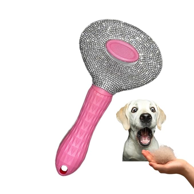 Diamond Rhinestone Cat Hair Brush Deshedding Brush Dog Hair Remover Tool Stainless Steel Comb Slicker Brush with Release Button for Dog Cat Rabbit Shedding Pets Grooming (Pink)